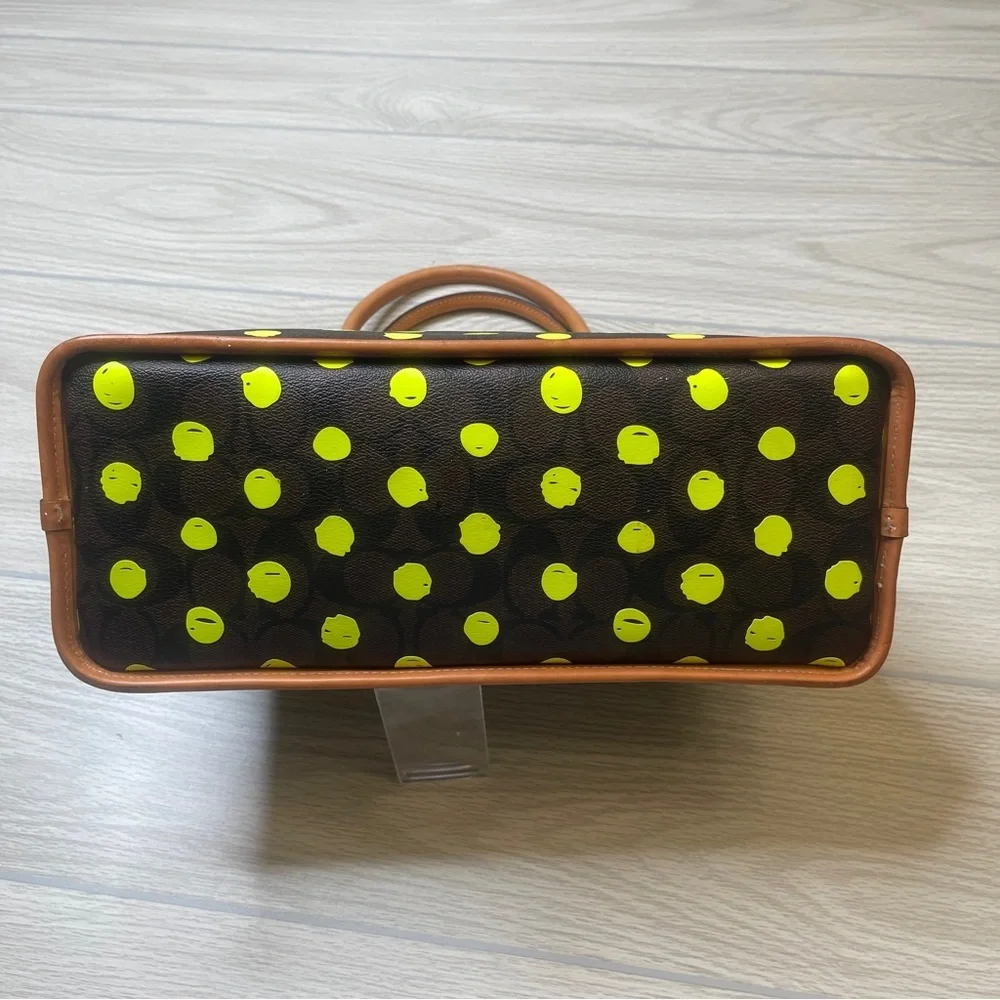 Coach Cora Dome Satchel Purse Signature Canvas Neon Yellow Dots w/Leather Trim - Picture 8 of 15